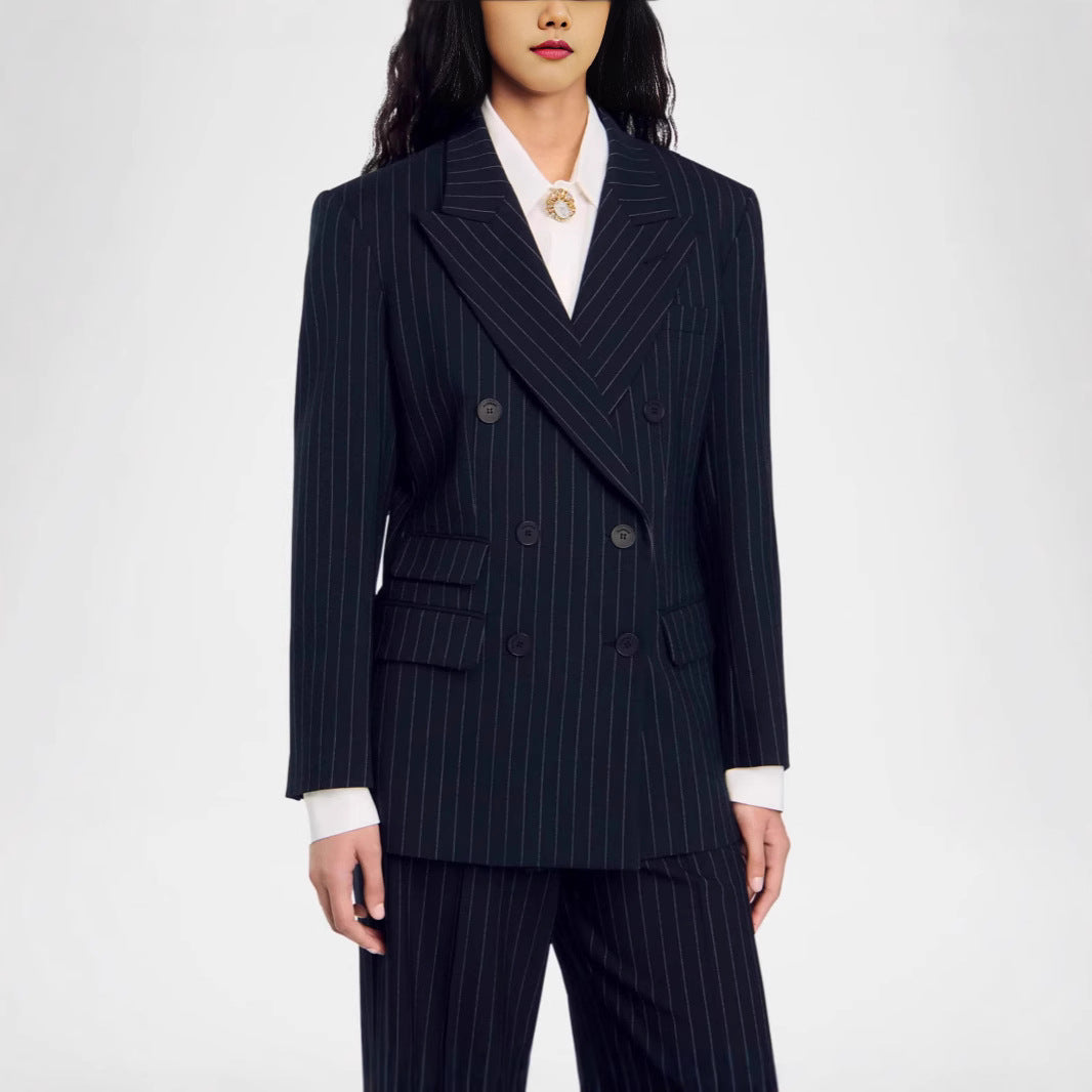 Damen Zweireihiger Nadelstreifen-Hosenanzug mit Oversize-Blazer und weitem Bundfaltenhose Drune