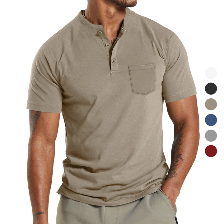 Herren nan atmungsaktives Baumwoll-Elasthan Kurzarm-Henley mit Brusttasche Drune