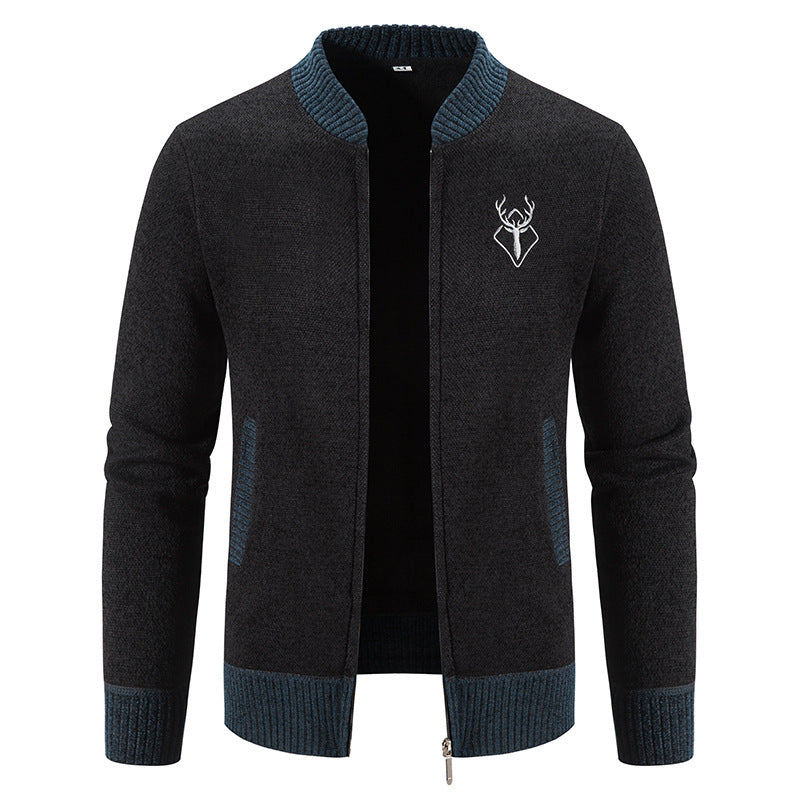 Herren nan lässiger Zip-Strickblouson mit weichem Thermofutter, geripptem Stehkragen und Hirsch-Logo Drune
