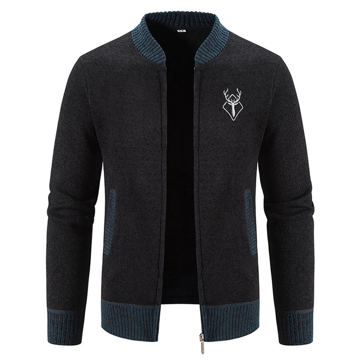 Herren nan lässiger Zip-Strickblouson mit weichem Thermofutter, geripptem Stehkragen und Hirsch-Logo Drune