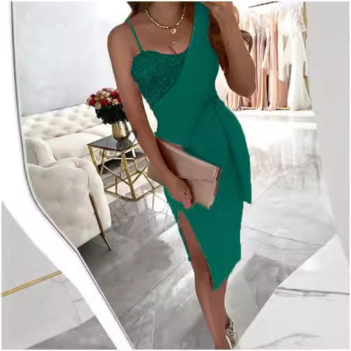 Damen Figurbetontes Kleid mit schimmerndem Oberteil und Taillengürtel Drune