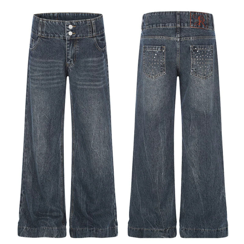 Damen High-Waist Weite Palazzo-Jeans mit Doppelknopf und ausgestelltem Bein Drune