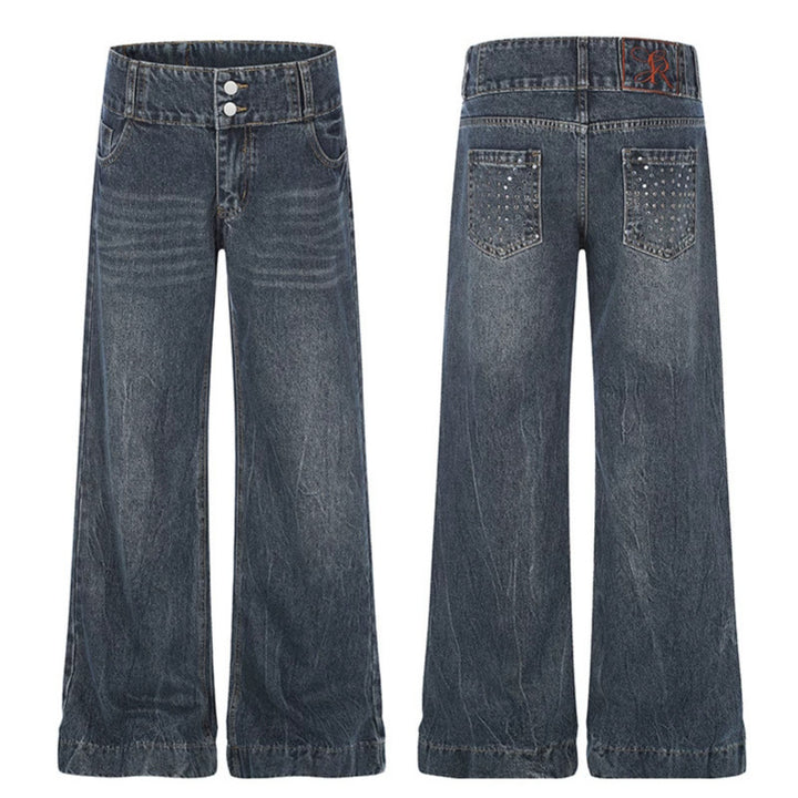 Damen High-Waist Weite Palazzo-Jeans mit Doppelknopf und ausgestelltem Bein Drune