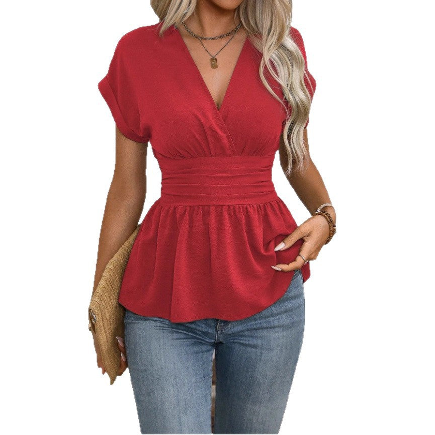 Damen Peplum-Bluse mit V-Ausschnitt und Taillengürtel Drune