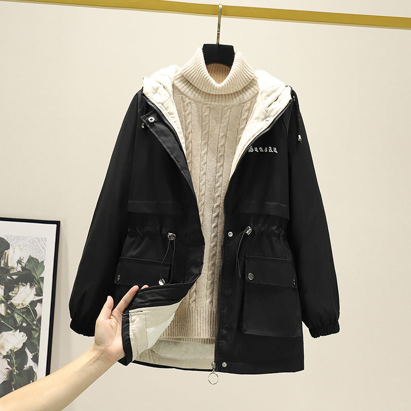 Damen Wasserabweisender Kapuzenparka mit Teddyfutter Tunnelzugtaillierung und Mehrfachtaschen Drune