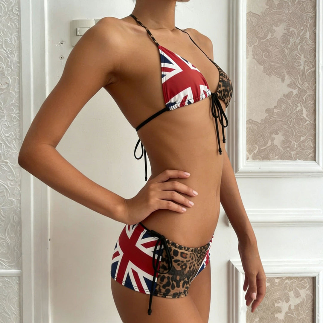 Damen Bikiniset mit Leopardenmuster und Union Jack Akzenten Drune