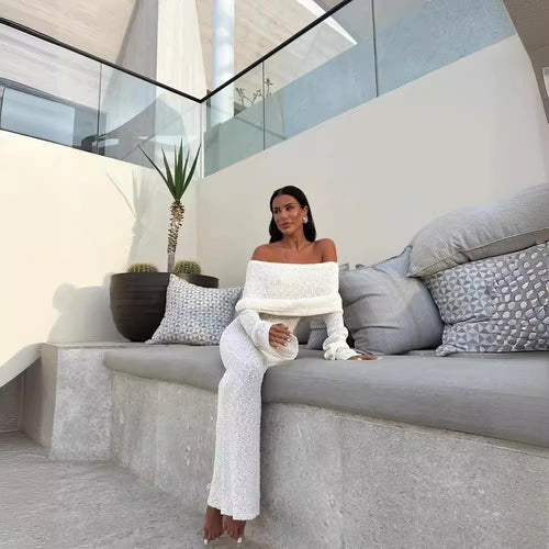 Damen Elegantes Off-Shoulder Strickkleid mit langen Ärmeln und weitem Bein Drune