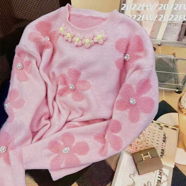 Damen Strickpullover mit floralen Applikationen und Perlendetails Drune