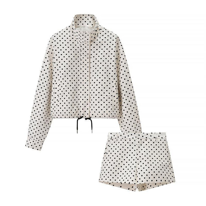 Damen Zweiteiliges Gepunktetes Blazer- und Shorts-Set mit Volumenärmeln und hoher Taille Drune