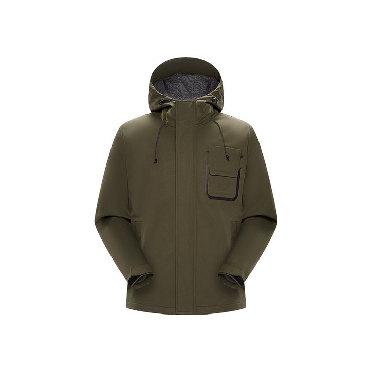 Herren Technische Funktionsjacke mit Kapuze, wasserabweisendem Softshell und Brustklappen-Tasche Drune