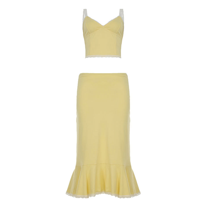 Damen elegantes Set aus Spaghetti-Trägeroberteil und wadenlangem Rock mit Rüschensaum Drune
