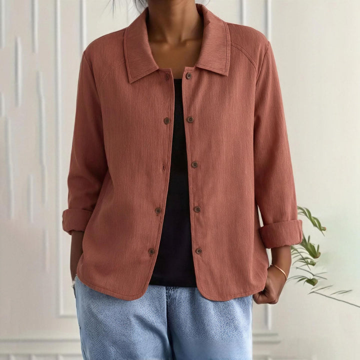 Damen Oversized Leinen-Hemdjacke mit Hemdkragen, 3/4-Ärmeln und durchgehender Knopfleiste Drune