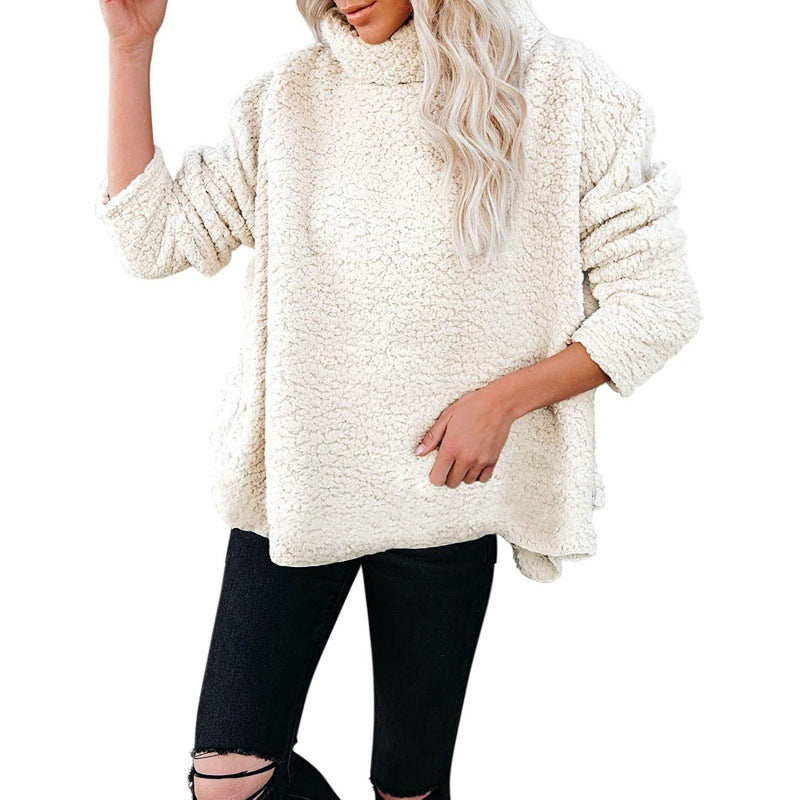 Damen Oversize-Sherpa-Pullover mit hohem Rollkragen, verlängertem Rückensaum und lässiger Silhouette Drune