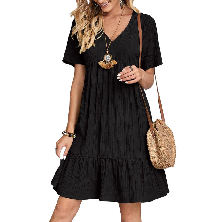 Damen Kurzarm Sommerkleid mit voluminösem Rock und V-Ausschnitt Drune