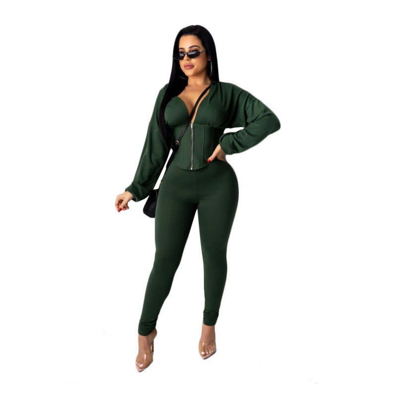 Damen Jumpsuit mit modischem Reißverschluss und sportlichem Crop-Top Drune
