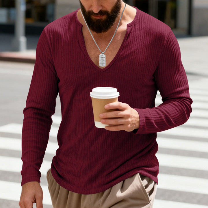 Herren nan geripptes V-Ausschnitt Langarmshirt aus leichter Baumwollmischung Drune