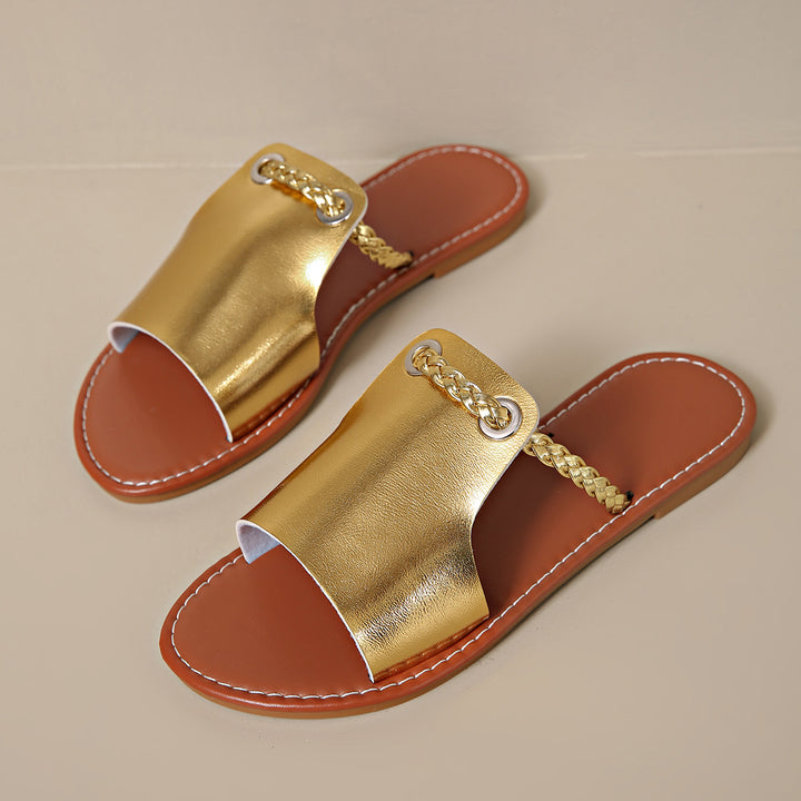 Damen nan elegante flache Pantolette mit breitem Obermaterial und geflochtenem Zehenriemen Drune
