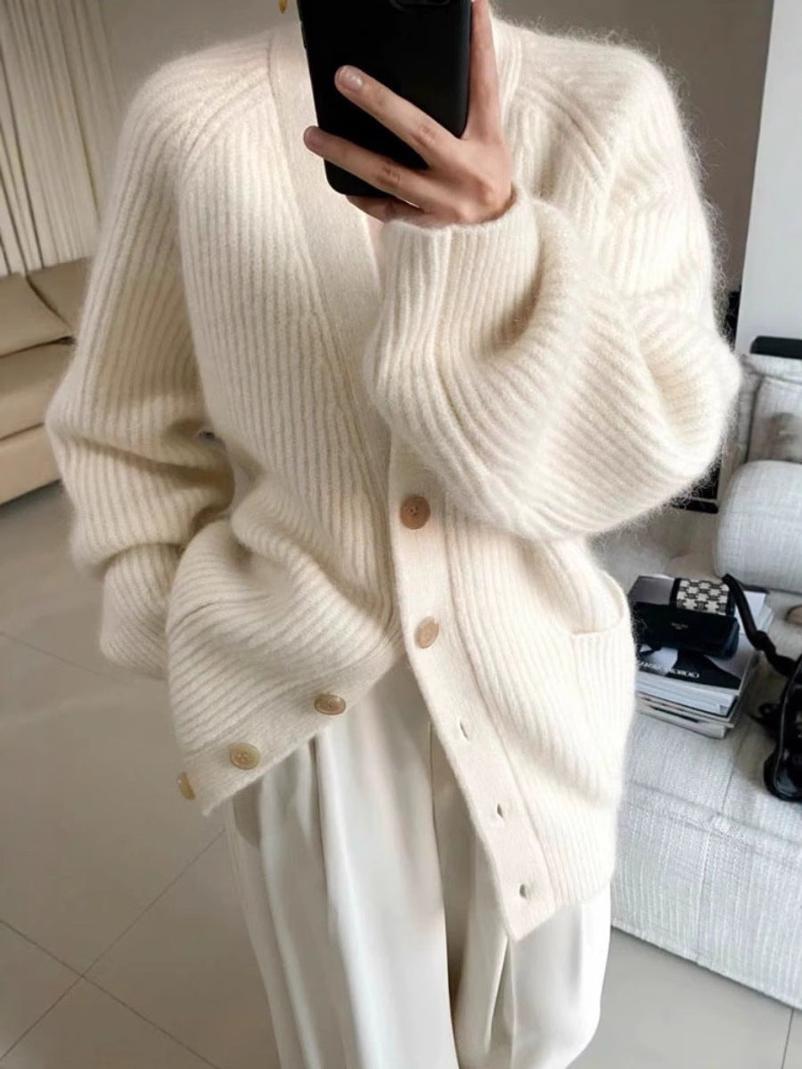 Damen Langer Oversize-Cardigan aus weichem Rippstrick mit Holzknopfleiste Drune