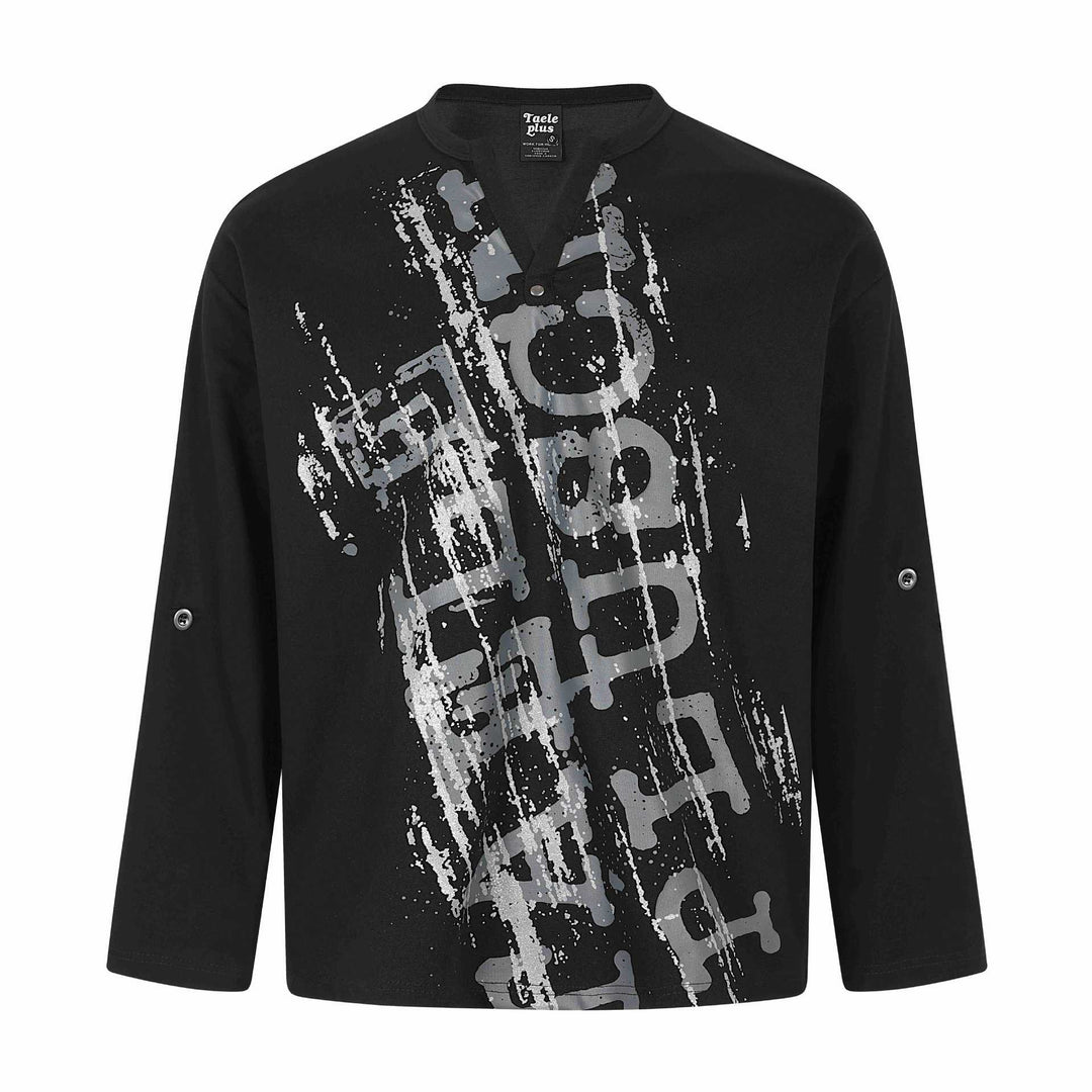 Unisex Oversize-Henley-Sweatshirt mit Notchkragen, 3/4-Ärmeln und Print Drune