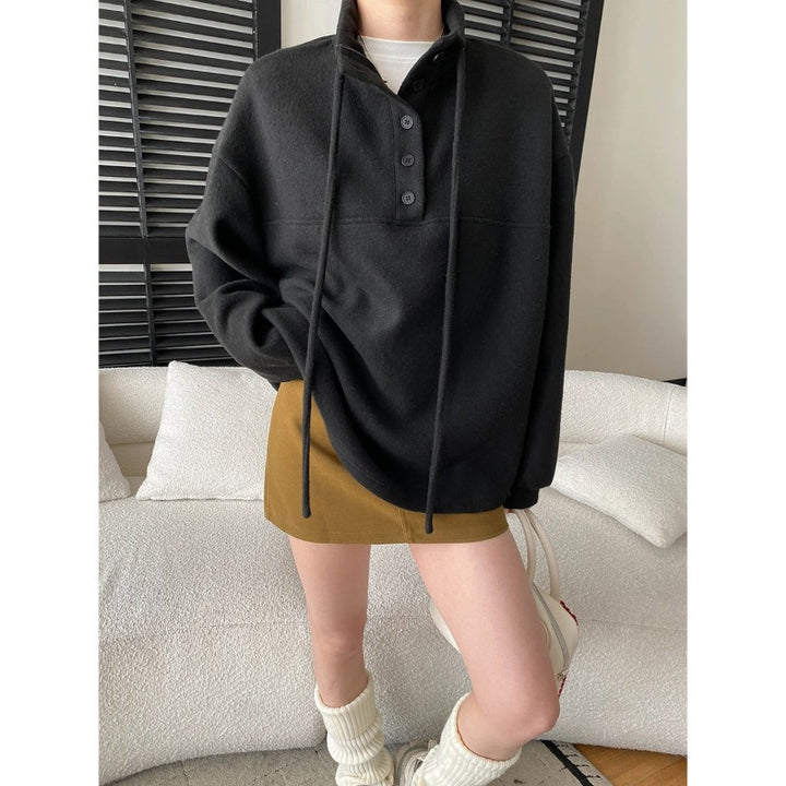 Damen lässiger Fleece-Pullover mit praktischen Knopfdetails und hohem Kragen Drune