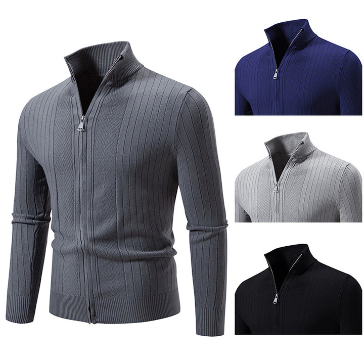 Herren Schmal geschnittene Feinstrick-Zipjacke mit Stehkragen und markanter Rippstruktur Drune