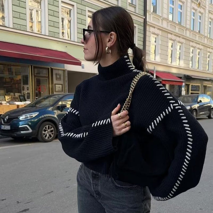 Damen Oversized Cropped Strickpullover mit Kontraststich und Raglanärmeln Drune