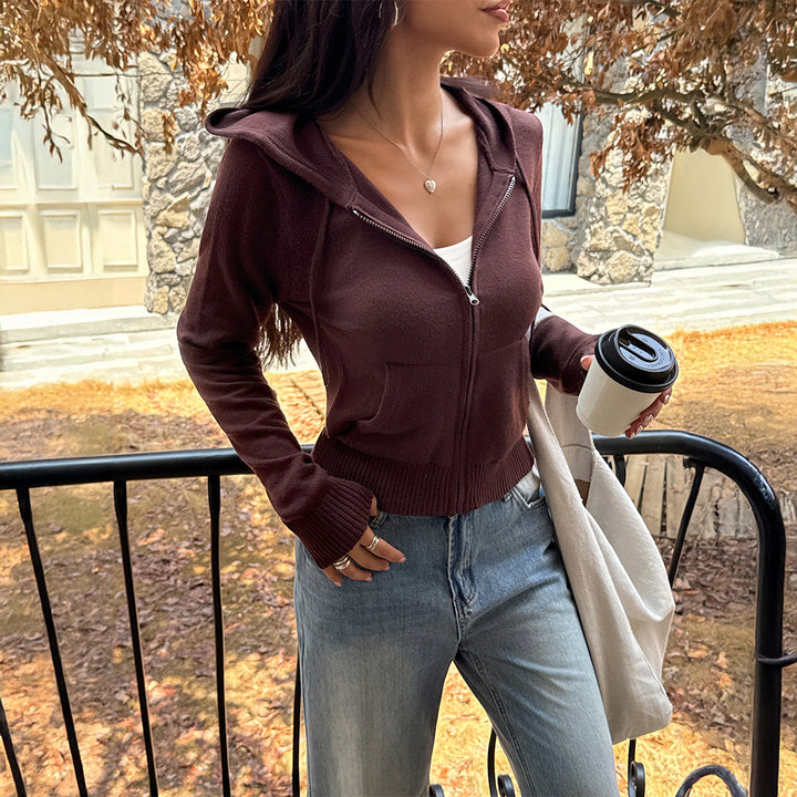 Damen modischer Zip-Hoodie mit Kängurutasche und feiner Rippstruktur Drune