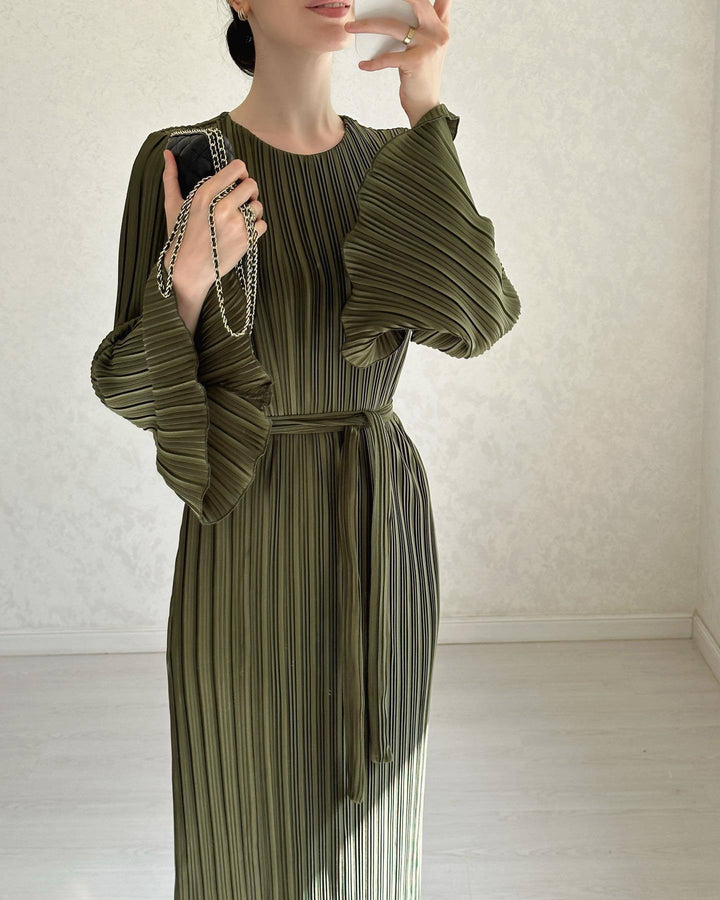 Damen Plissiertes Maxikleid mit voluminösen Ärmeln Drune