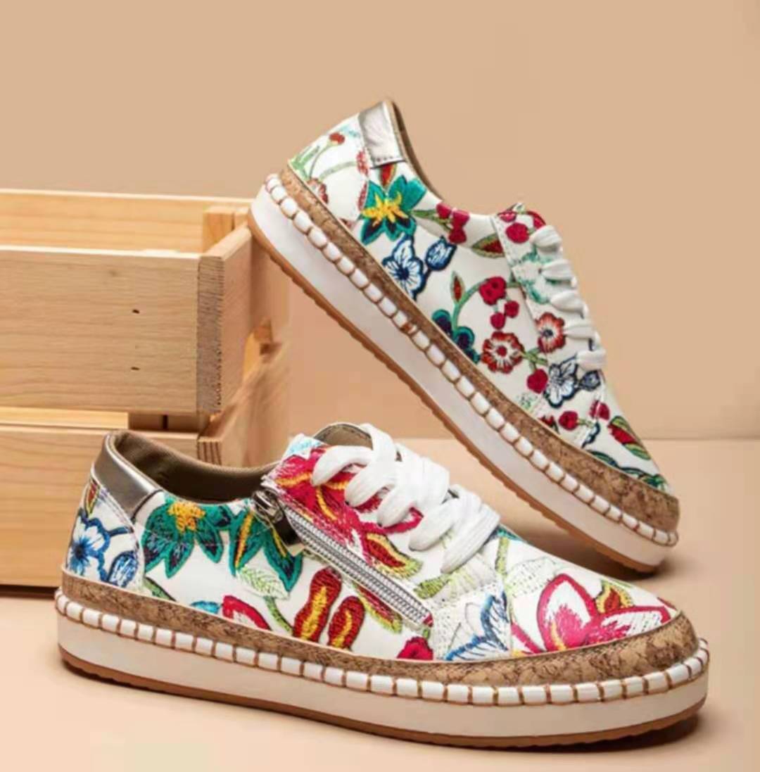 Damen florale Plateausneaker mit Korkplateau, seitlichem Reißverschluss und gepolstertem Komfortfußbett Drune