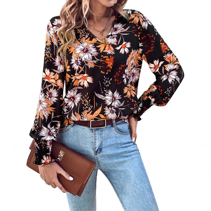 Damen Bluse mit floralem Muster und elastischen Rüschendetails Drune