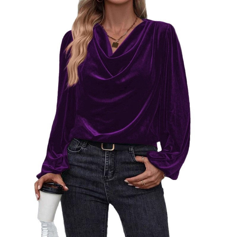 Damen Drapiertes Samtblusenshirt mit Wasserfall‑Ausschnitt und Puffschultern Drune