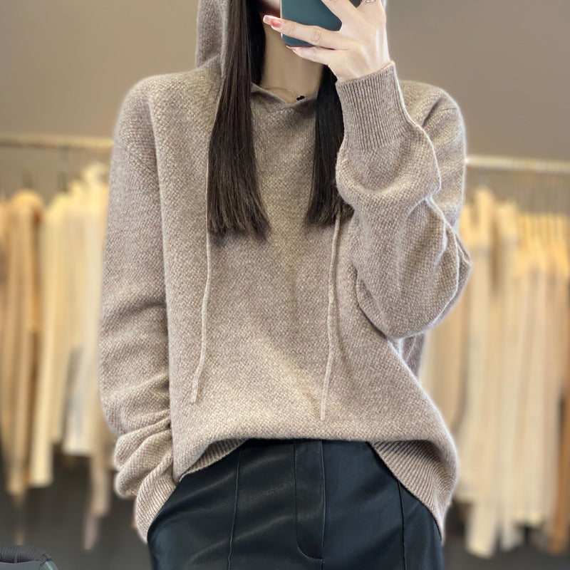 Damen weicher Feinstrick‑Kapuzensweater mit melierter Struktur und gerippten Bündchen Drune
