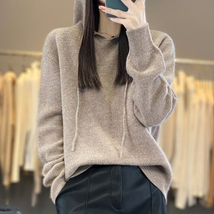 Damen weicher Feinstrick‑Kapuzensweater mit melierter Struktur und gerippten Bündchen Drune