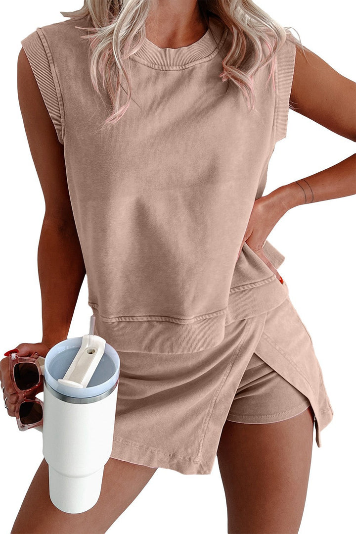 Damen nan lässiges Jerseystoff-Zweiteiler-Set mit ärmellosem kastigem Top und Wickel-Shortrock mit eingearbeiteten Shorts Drune