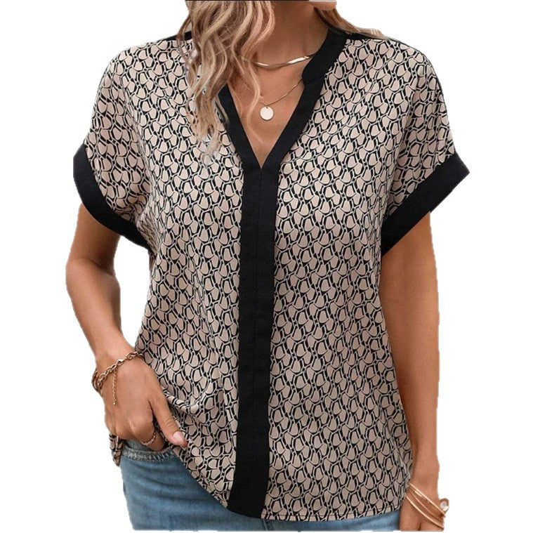 Damen nan leichte kastige Bluse in Krepp-Optik mit V-Ausschnitt und Kontrastpaspel Drune