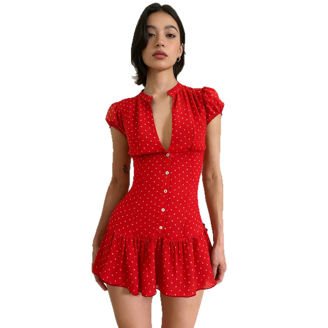 Damen verspieltes Polka Dot Kleid mit knopfbarem Ausschnitt und voluminösem Saum Drune
