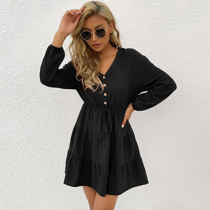 Damen Gestuftes Viskose-Minikleid mit Taillenschnur und Knopfdetail Drune