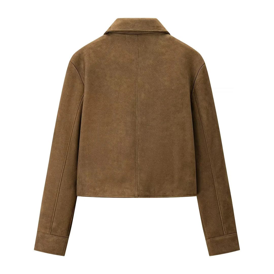 Damen nan kurz geschnittene Veloursjacke mit Hemdkragen, verdeckter Knopfleiste und schrägen Eingrifftaschen Drune