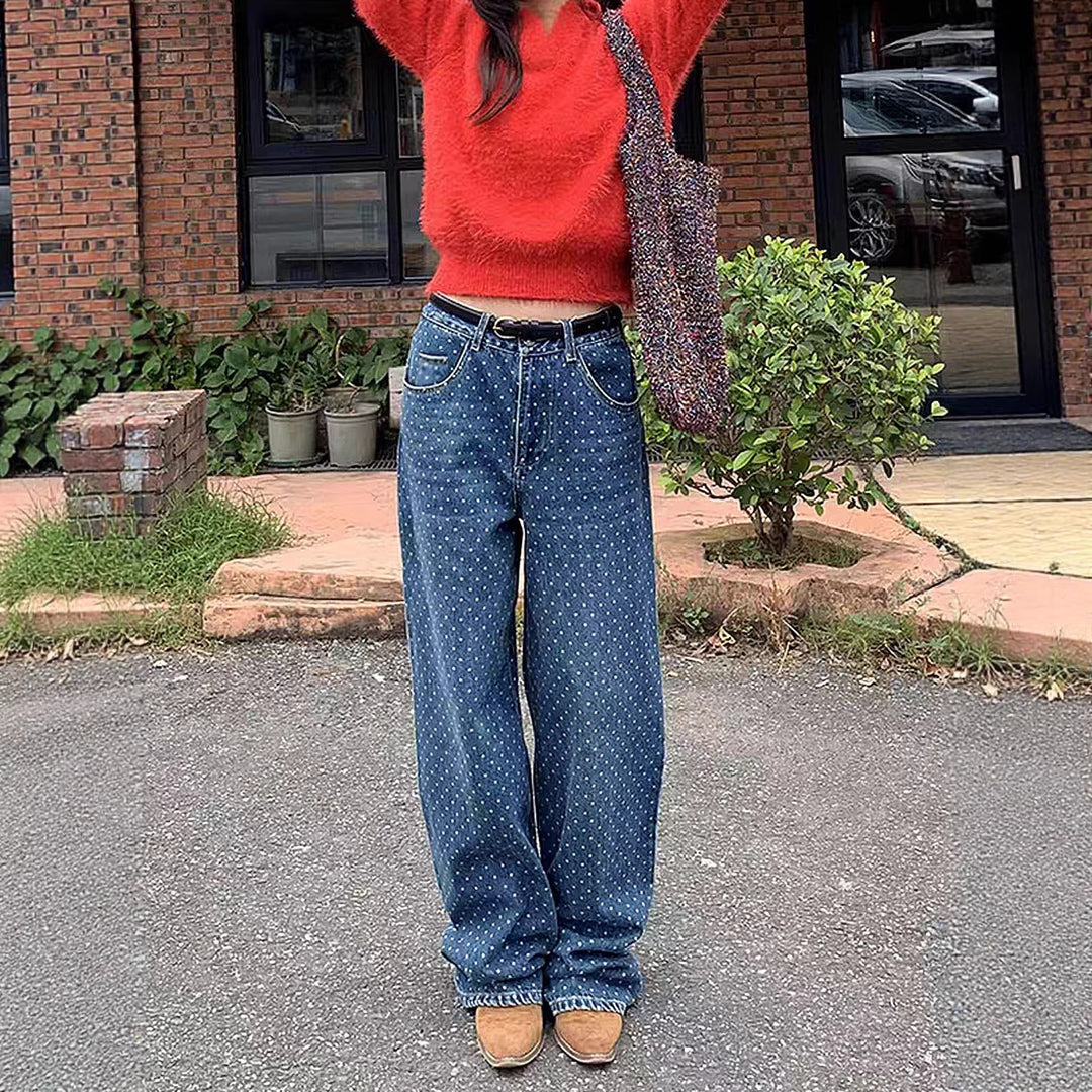 Damen nan hochgeschnittene weite Denimhose mit durchgehendem Punktmuster und klassischem Taschen-Design Drune