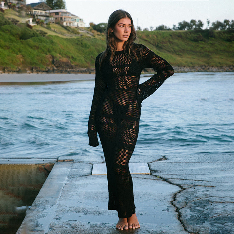 Damen Häkel-Strandkleid mit langem Schnitt und Boxermuster Drune