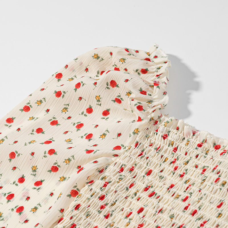 Damen Gesmoktes Cropped-Top mit Puffärmeln und Blumendessin Drune