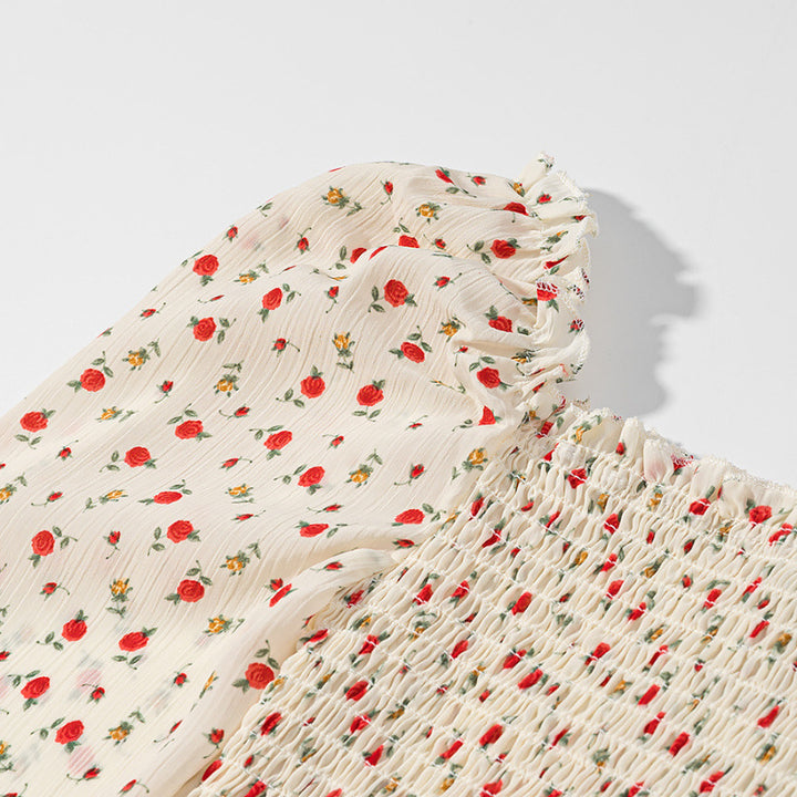 Damen Gesmoktes Cropped-Top mit Puffärmeln und Blumendessin Drune