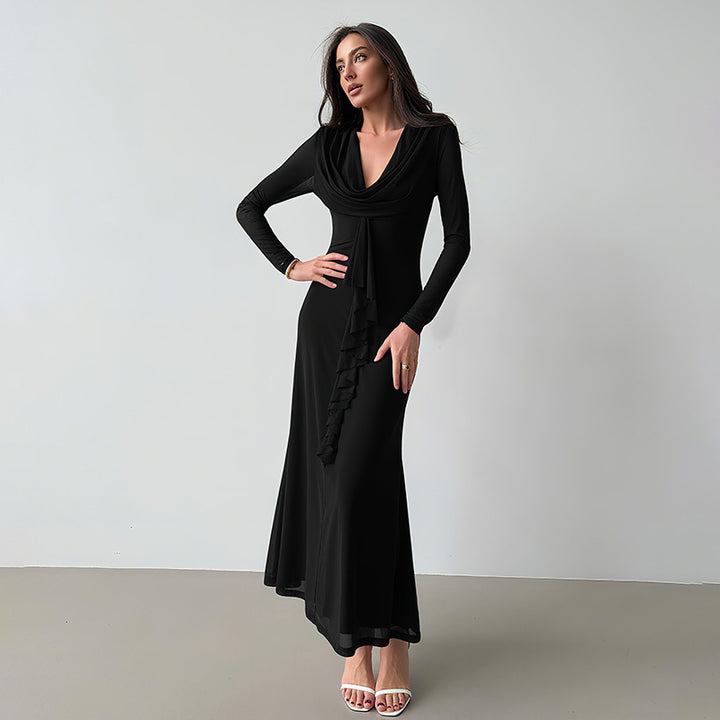 Damen Elegantes Maxikleid mit tiefem V-Ausschnitt und Rüschendetail Drune