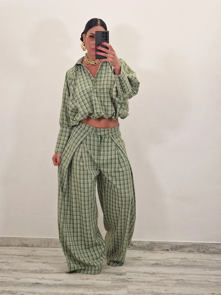 Damen Zweiteiliges kariertes Set mit Cropped Oversize-Hemd und weiter Bundfaltenhose Drune