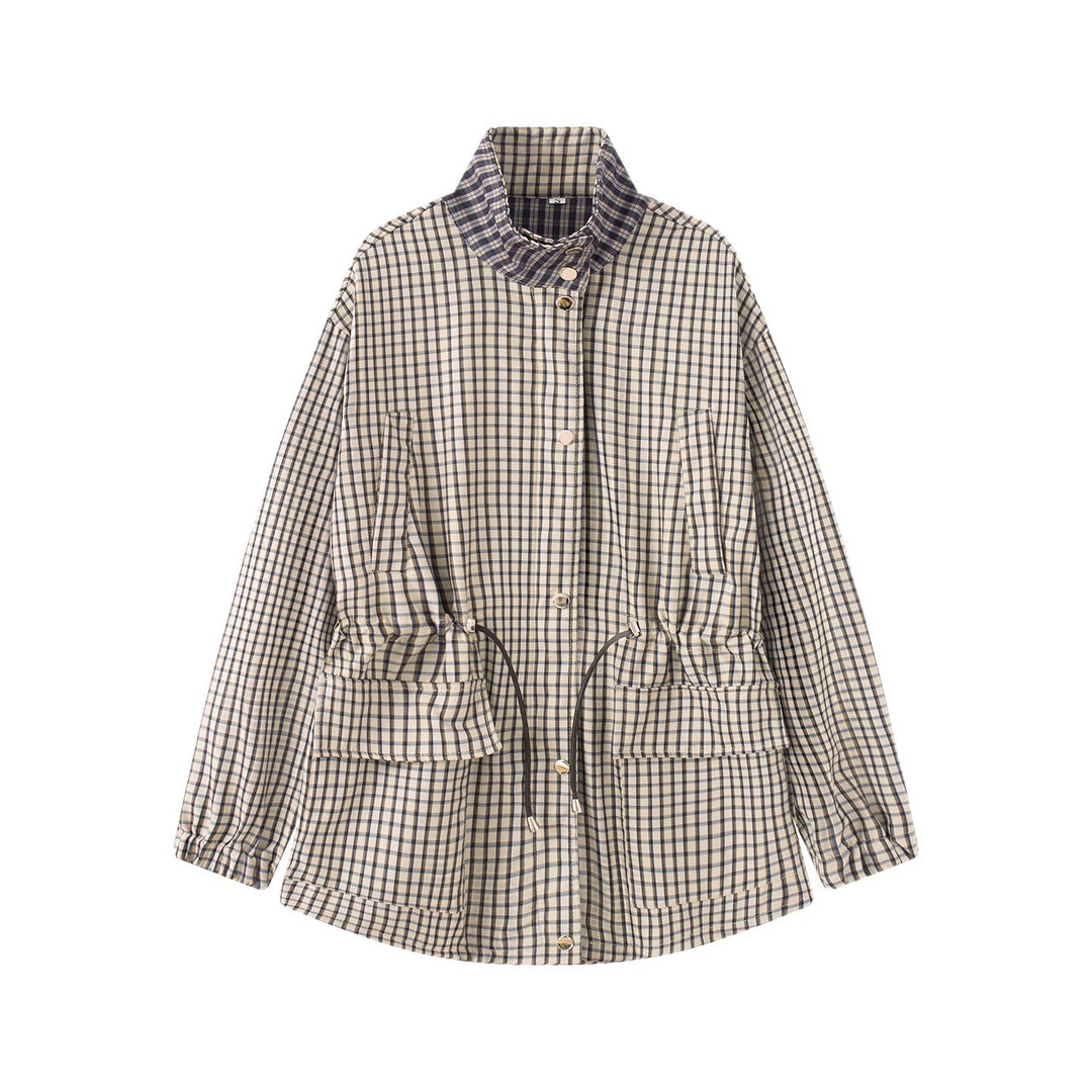 Damen Karierte Oversize-Parka-Jacke mit Tunnelzug und Stehkragen Drune