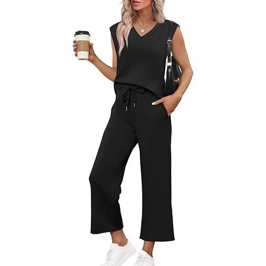 Damen Lässiges Zweiteiliges Lounge-Set mit Ärmellosem V-Neck-Top und Weiten Kordelbund-Hosen Drune