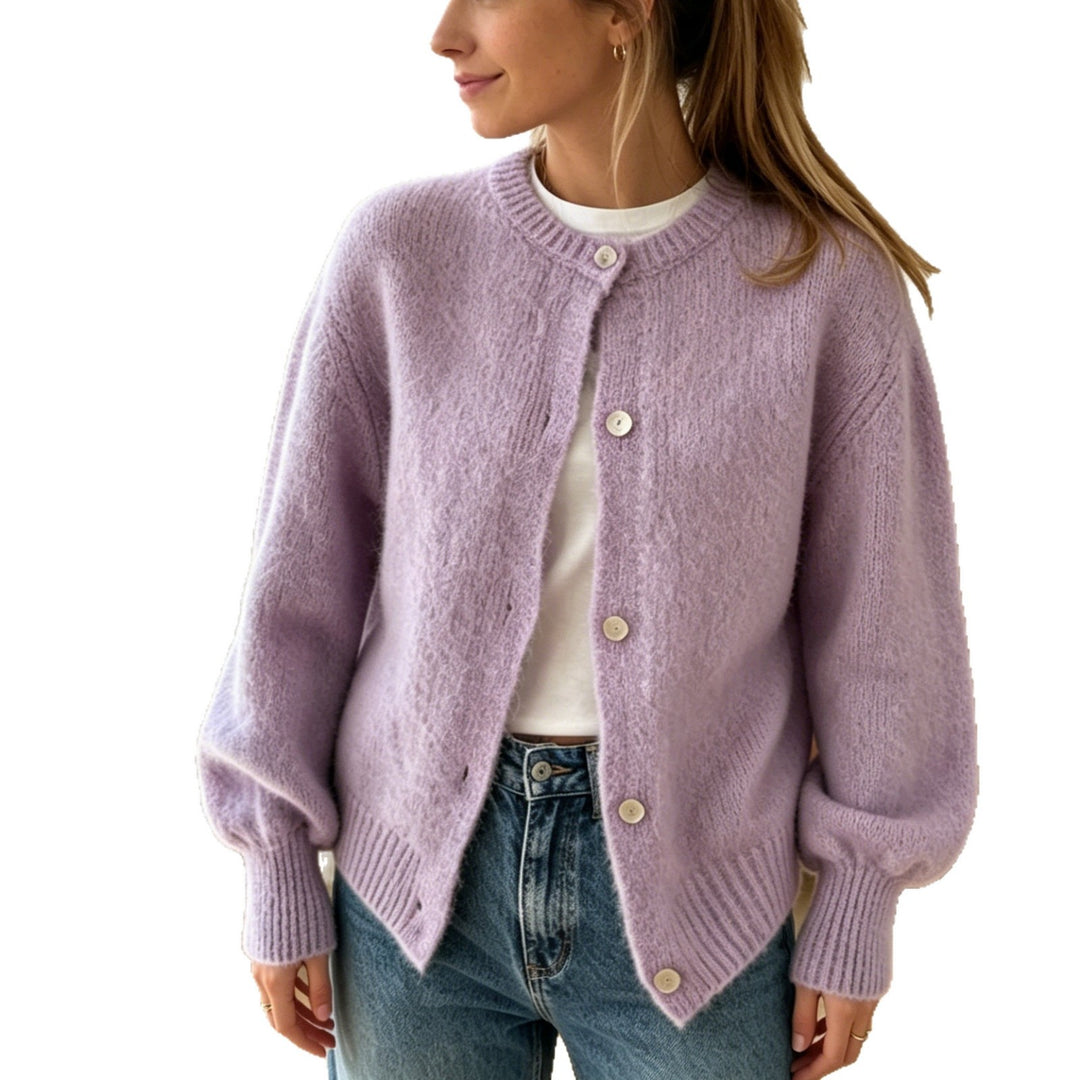Damen Kuschelige Mohair-Optik Strickjacke mit Rundhals und Ballonärmeln Drune