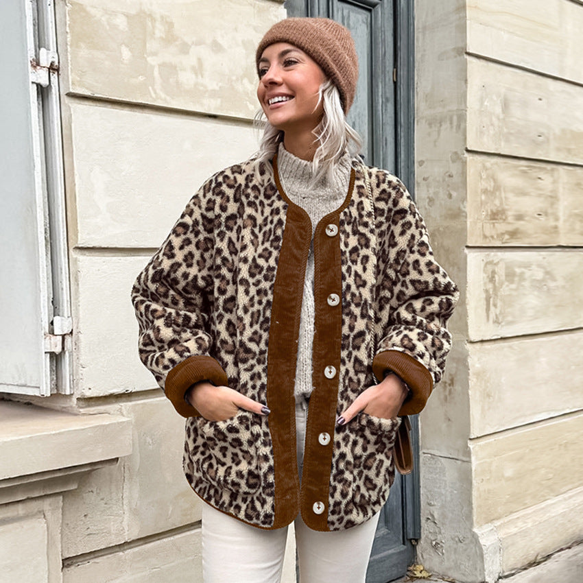 Damen Kuschelweiche Leopardmuster Jacke mit Knopfverschluss und hohem Kragen Drune