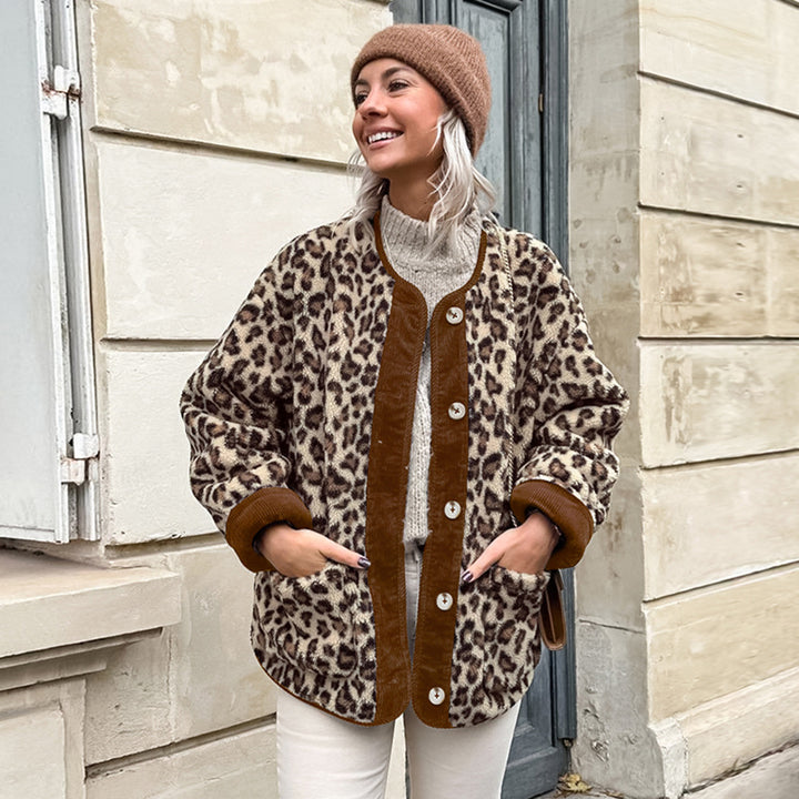 Damen Kuschelweiche Leopardmuster Jacke mit Knopfverschluss und hohem Kragen Drune