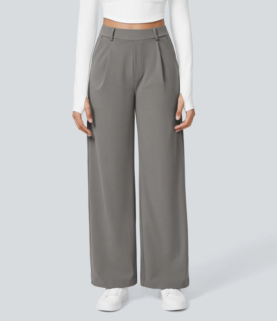 Damen nan hochgeschnittene Bundfaltenhose mit weitem Bein, Gürtelschlaufen und seitlichen Eingrifftaschen Drune